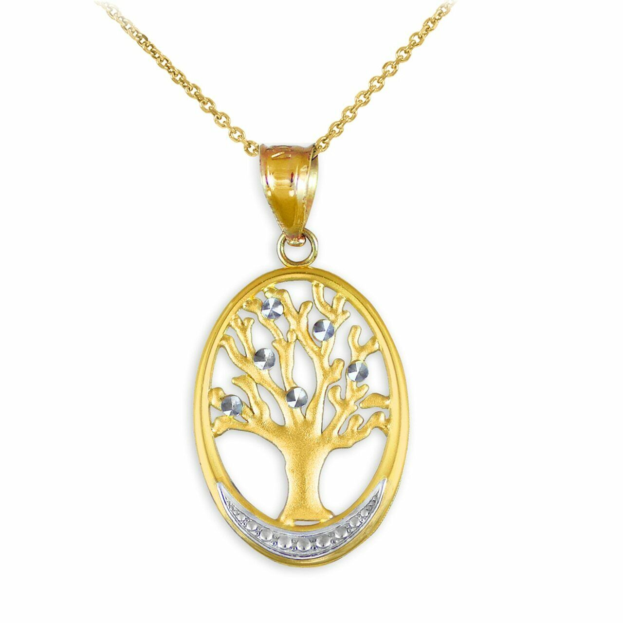 14K Solid Yellow Gold Tree Of Life Oval Charm Pendant Necklace 16" 18" 20" 22"