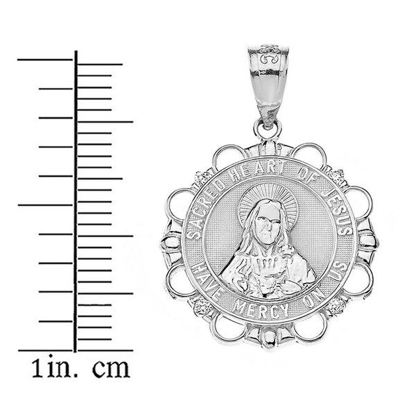 925 Sterling Silver CZ Sacred Heart of Jesus Have Mercy On Us Pendant Necklace