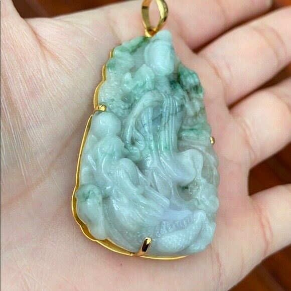 14K Solid Real Gold Natural Jadeite Jade Lotus Kwan Yin Lady Buddha Pendant 703