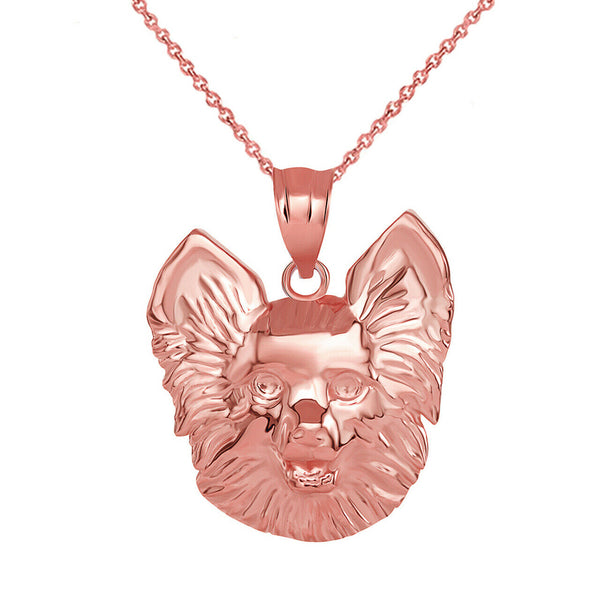 Solid Gold Dog Pomeranian Head Detailed Dog Sports Pendant Necklace