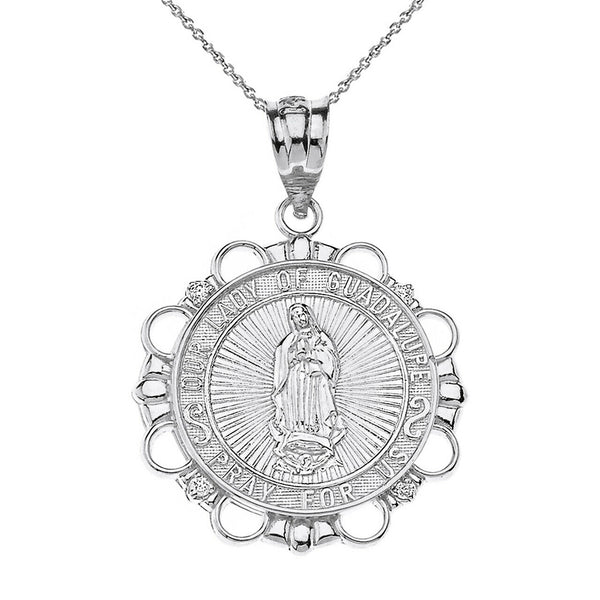 Sterling Silver CZ Our Lady of Guadalupe Pray For Us Pendant Necklace
