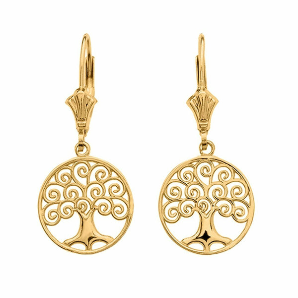 10K Solid Yellow Gold Tree of Life Openwork Drop / Dangle Leverback Earrings
