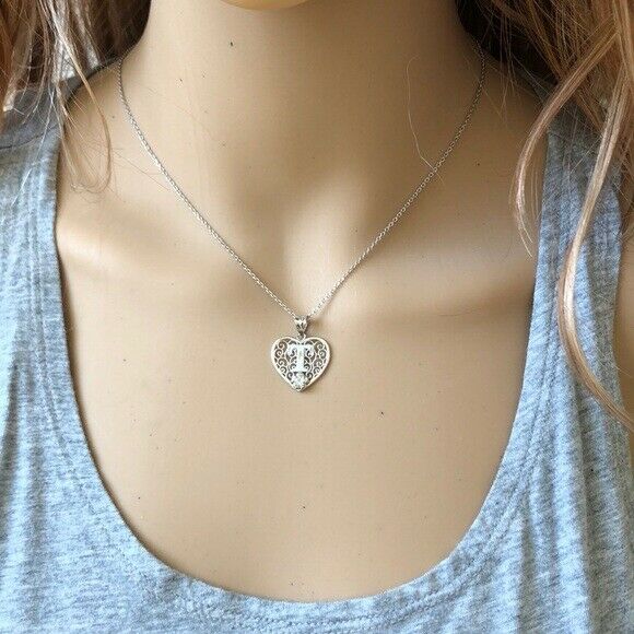 925 Sterling Silver Filigree Heart CZ Initial Letter M Pendant Necklace