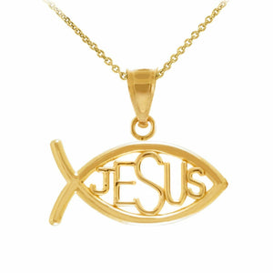 14k Solid Yellow Gold Ichthus Jesus Fish Inscribed Horizontal Pendant Necklace