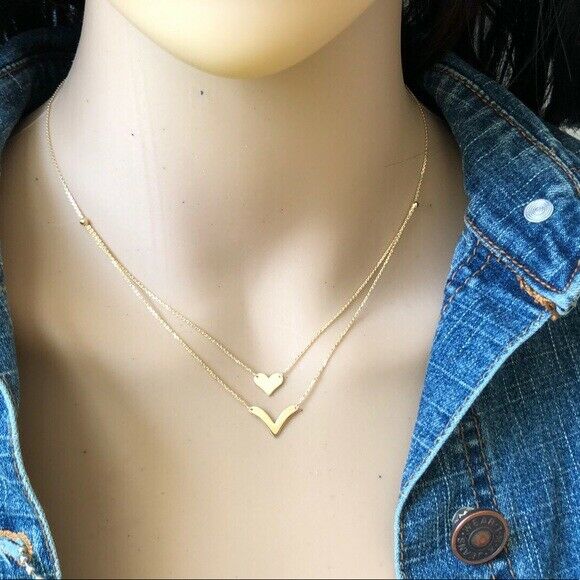 14K Solid Yellow Gold Layer Duo Heart and V Necklace 16"-18" adjust