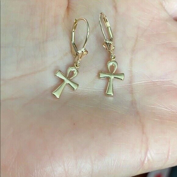 10k Yellow Gold Ancient Egyptian Ankh Cross Drop / Dangle Leverback Earrings