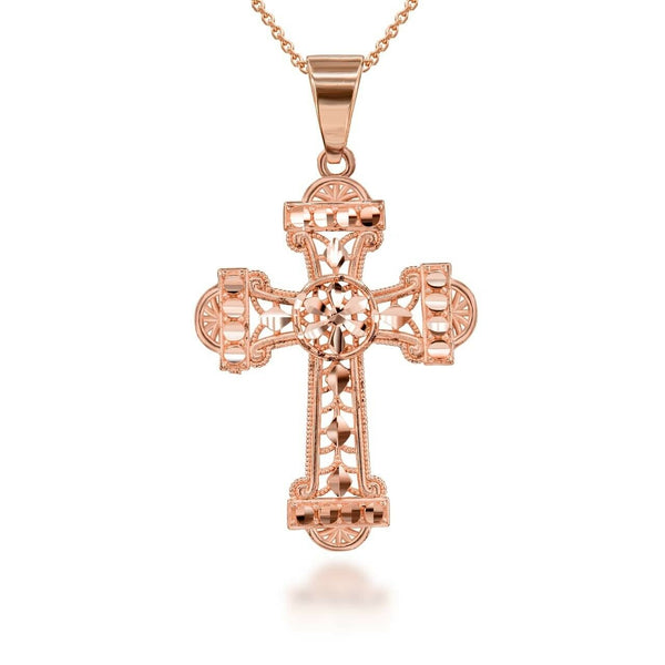 10K Solid Gold Sparkle Cut Filigree Ornate Cross Pendant Necklace
