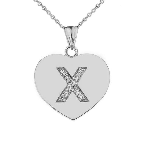 925 Sterling Silver CZ Initial Letter X Heart Pendant Necklace - 16" 18" 20" 22"