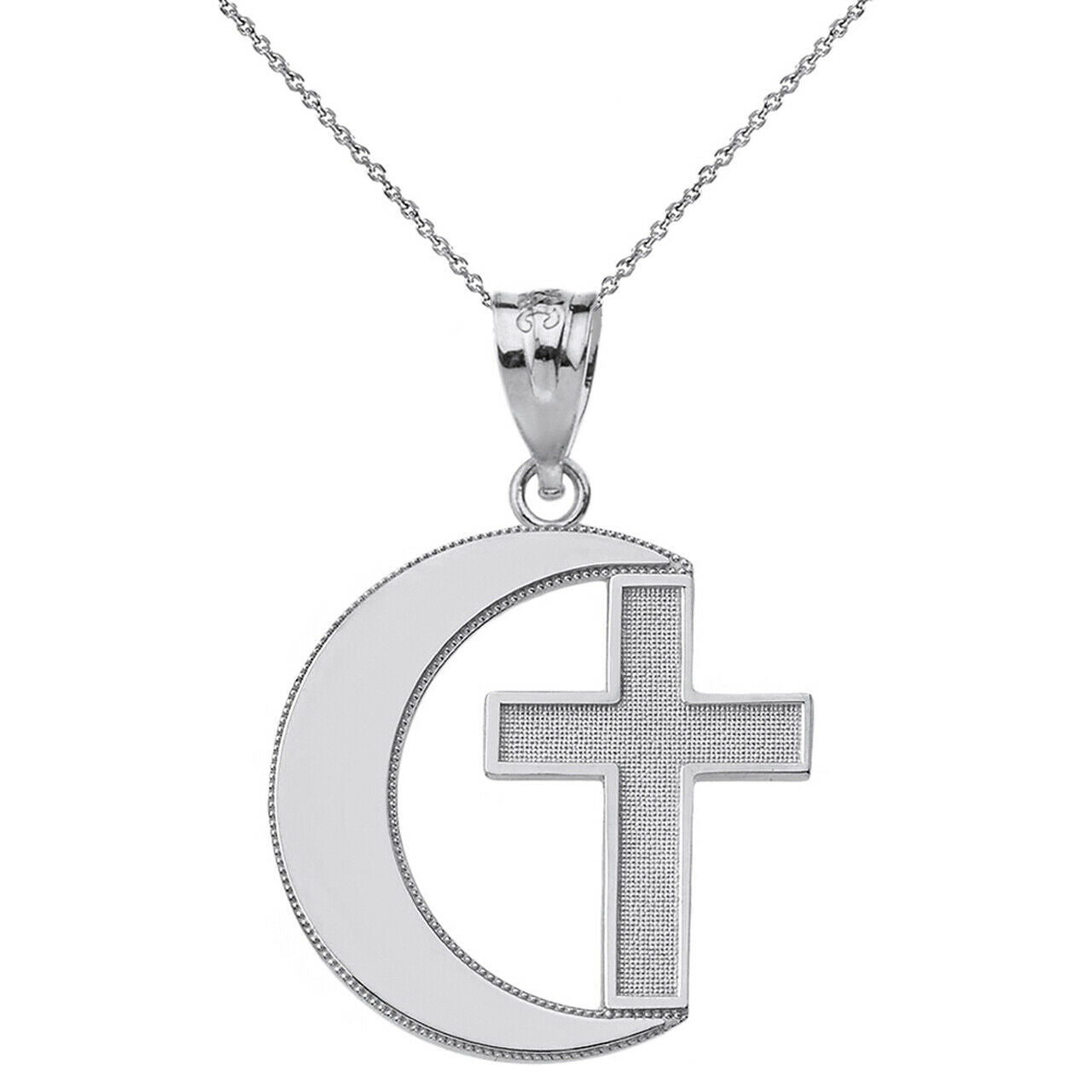 Polished .925 Sterling Silver Religious Crescent Moon and Cross Pendant Necklace