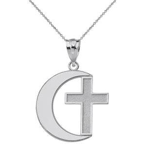 Polished .925 Sterling Silver Religious Crescent Moon and Cross Pendant Necklace