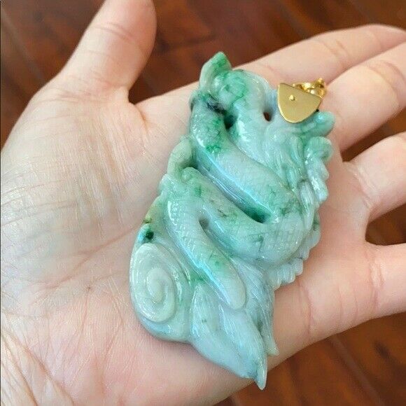 14K Large Real Gold Natural Jadeite Jade Carved Dragon Pendant 706 Heavy Thick