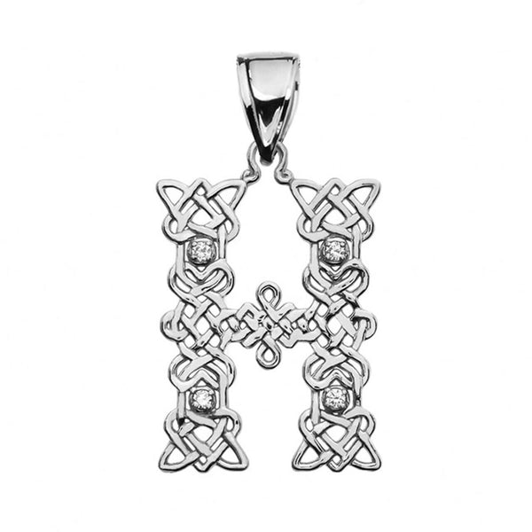 Sterling Silver CZ Celtic Knot Pattern Initial Letter H Pendant Charm Necklace