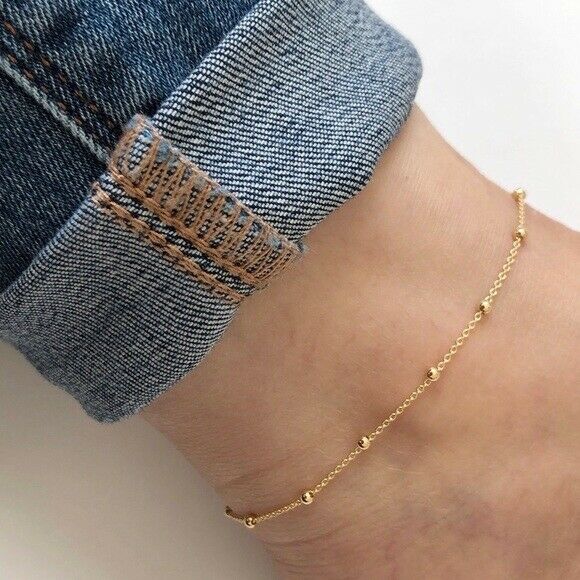 14K Solid Rose Gold Bead Station Cable Chain Anklet - Yellow 9"-10" adjustable