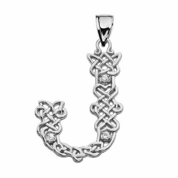 Sterling Silver CZ Celtic Knot Pattern Initial Letter J Pendant Charm Necklace