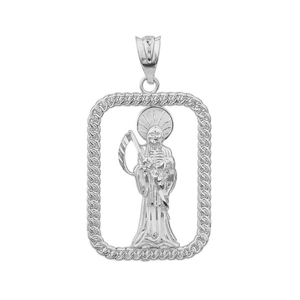 Sterling Silver Santa Muerte Rectangle Diamond Cut Pendant Necklace Made in US