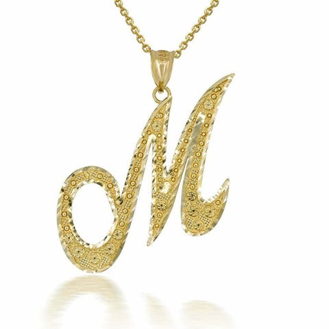 10k Solid Yellow Gold Cursive Initial Letter M Pendant Necklace