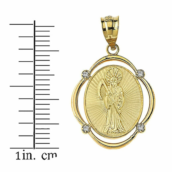 Solid 14k Yellow Gold Gold Santa Muerte Diamond Oval Frame Pendant Necklace