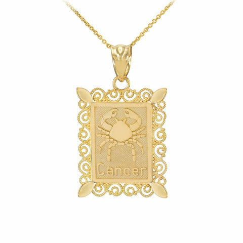 14k Solid Gold Cancer Zodiac Sign Filigree Rectangular Pendant Necklace