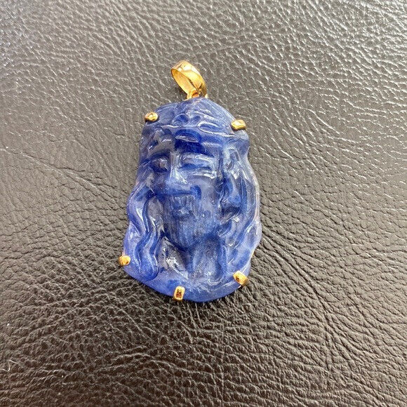 14K Real Solid Gold Carving Jesus Sodalite Christ Head Pendant Charm
