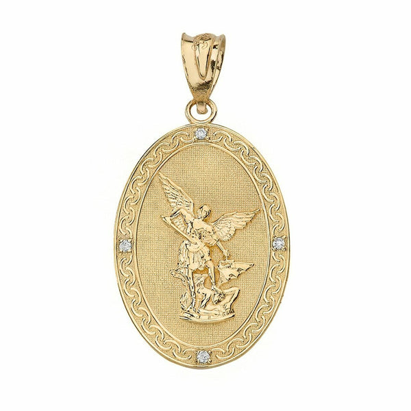 14k Solid Real Gold Diamond Archangel Michael Prayer Large Oval Pendant Necklace