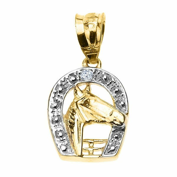Solid 14k Yellow Gold Diamond Horseshoe with Horse Head Pendant Necklace