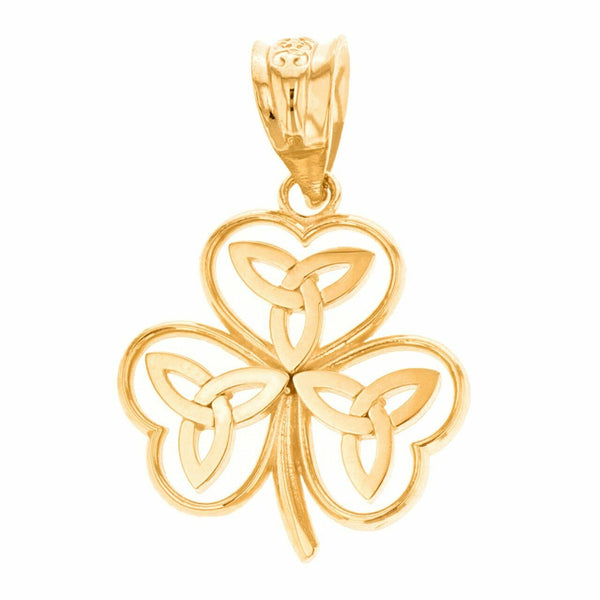 10k Solid Yellow Gold Celtic Trinity Knot Shamrock Pendant Necklace