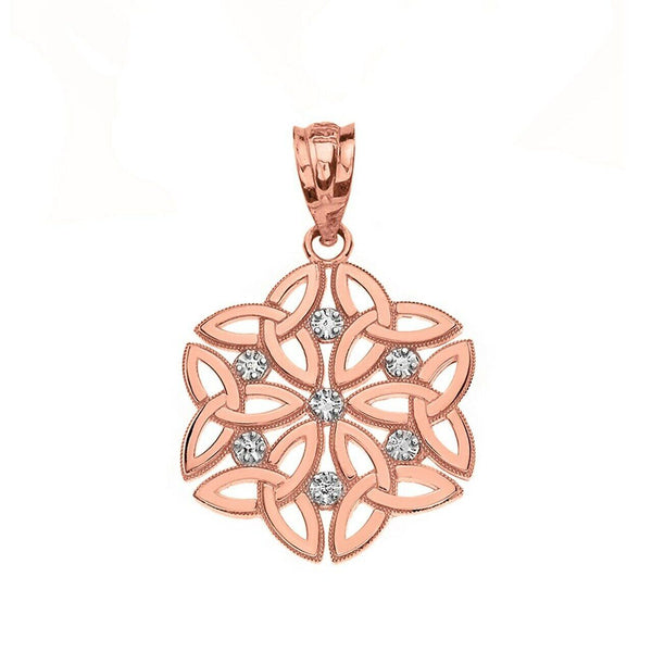 10K Solid Gold Triquetra Celtic Dara Endless Knot Diamond Pendant Necklace