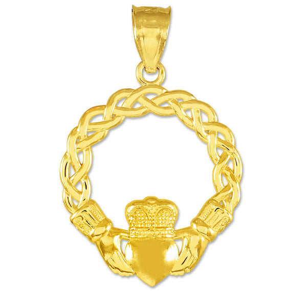 14K Solid Gold Classic Braided Claddagh Pendant Necklace - Yellow, Rose, White