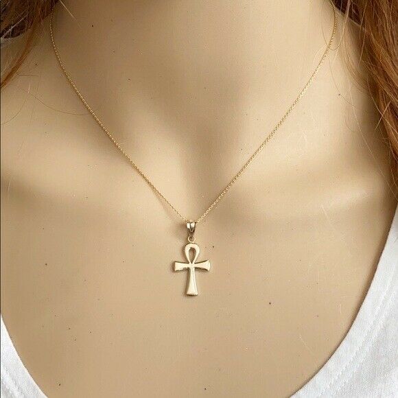 14k Yellow Gold Ancient Egyptian Ankh Cross Eternal Life Pendant Necklace