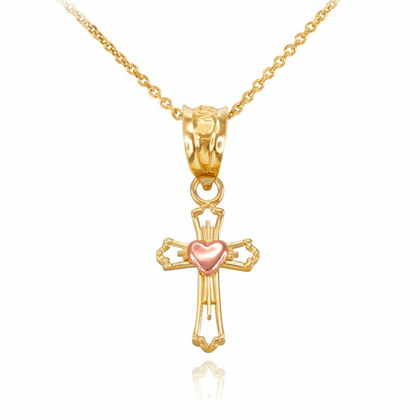 10k Solid Two Tone Yellow Rose Gold Heart Open Cross Pendant Necklace