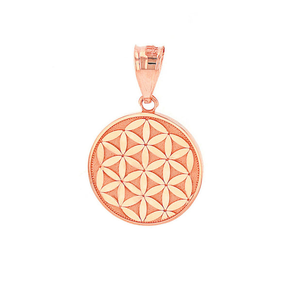 14K Solid Gold Flower of Life Dainty Disc Medallion Pendant Necklace