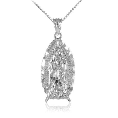 14k White Gold Our Lady Virgin Mary Virgen Maria De Guadalupe Pendant Necklace