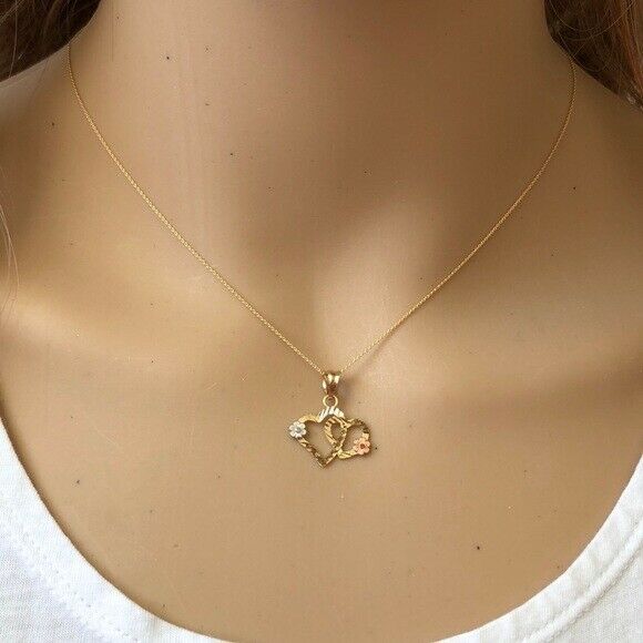 14K Solid Gold Double Heart Flower Pendant Dainty Necklace -Minimalist 16"-18"