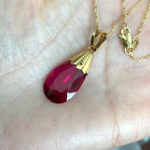 14K Solid Gold Red Teardrop Pendant / Charm Dainty Adjustable Necklace 16"-18"