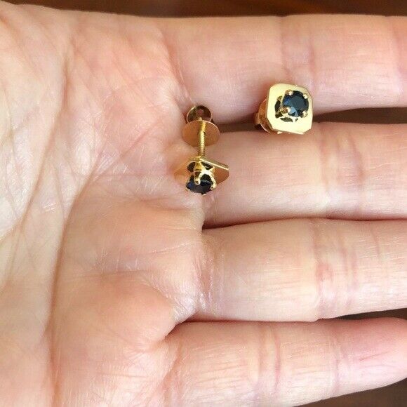 14K Solid Yellow Gold Mini Screw Back Natural Sapphire Earrings