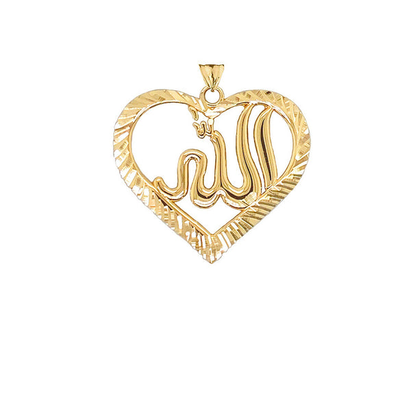 10K Solid Gold Sparkle-cut Allah Open Heart Pendant Necklace
