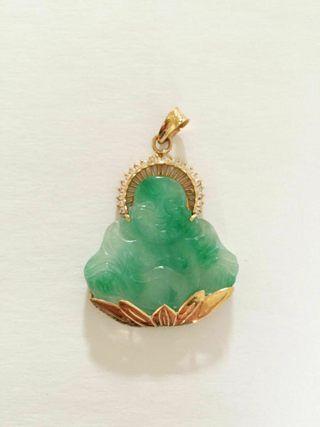 14K Solid Gold Happy Laughing Male Buddha Jade Religious Pendant