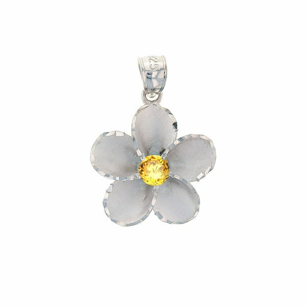 925 Sterling Silver Hawaiian Plumeria Yellow CZ Pendant Necklace