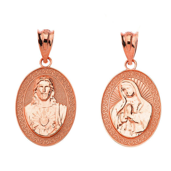 10K Solid Gold Reversible Virgin Mary and Jesus Christ Oval Pendant Necklace