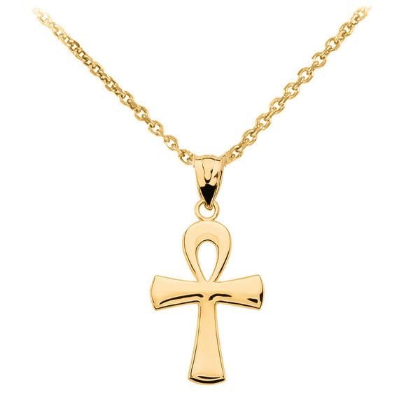 10k Solid Yellow Gold Ancient Egyptian Ankh Cross Eternal Life Pendant Necklace