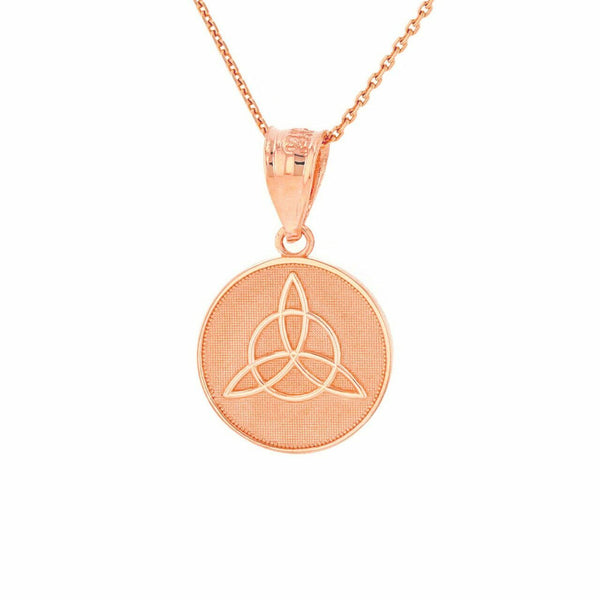 14k Solid Rose Gold Triquetra Irish Celtic Disc Circle Pendant Necklace