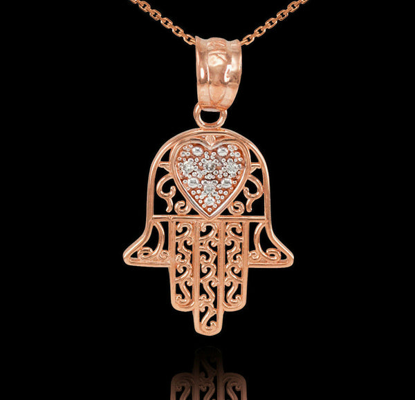 10k Solid Rose Gold Diamond Filigree Hamsa Pendant Necklace 16" 18" 20" 22"