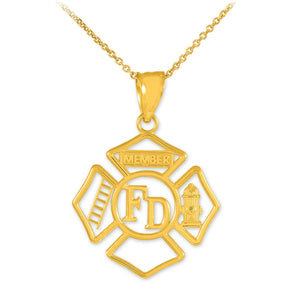 14k Solid Yellow Gold Fire Department Firefighter Member Badge Pendant Necklace