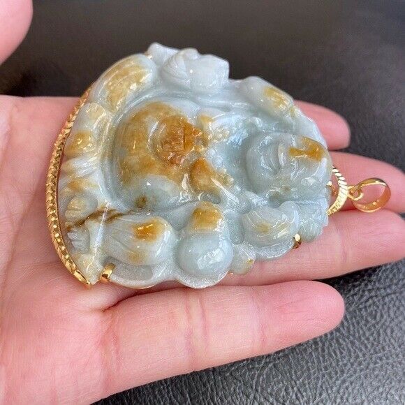 14K Gold Carved Natural Jadeite Jade Laughing Buddha Pendant Big Heavy Buddhist