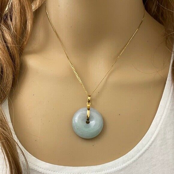 14K Solid Fine Real Yellow Gold Round Donut Natural Jadeite Jade Pendant