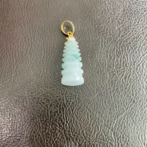 14K Solid Real Gold Genuine Natural Jade Carved Tower Pagoda Pendant Necklace S