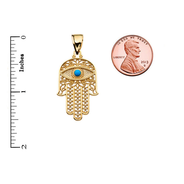 10k Yellow Gold Evil Eye Turquoise Stone Filigree Hamsa Hand Pendant Necklace