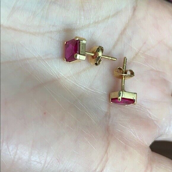 14K Solid Gold Square Shape Red CZ Stud Earrings - Minimalist