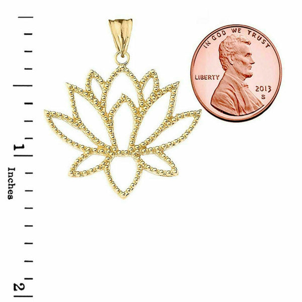 10k Solid Gold Double Sided Lotus Flower Buddism Pendant Necklace