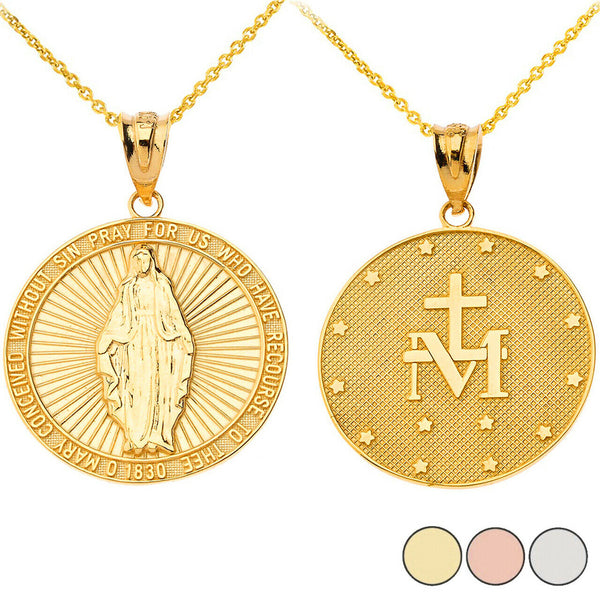 10K Solid Gold Our Lady of Graces Miraculous Medal Pendant Necklace